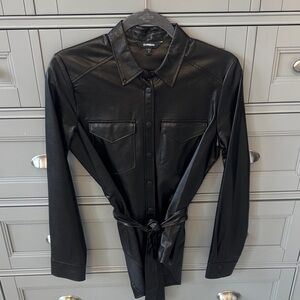 BNWOT Express Black Faux Leather Shirt Jacket with Tie Waist